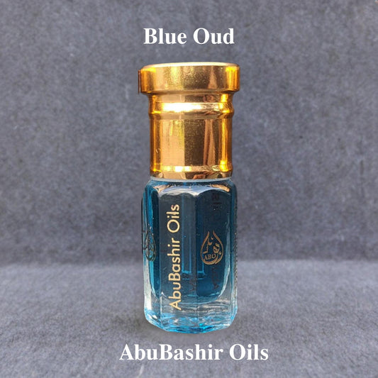 Blue Oud alcohol-free perfume oil bottle by AbuBashir Oils with gold cap and deep blue liquid