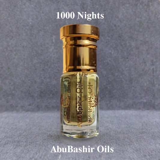 1000 Nights fragrance oil by AbuBashir Oils with amber and citrus notes in a gold-capped glass bottle