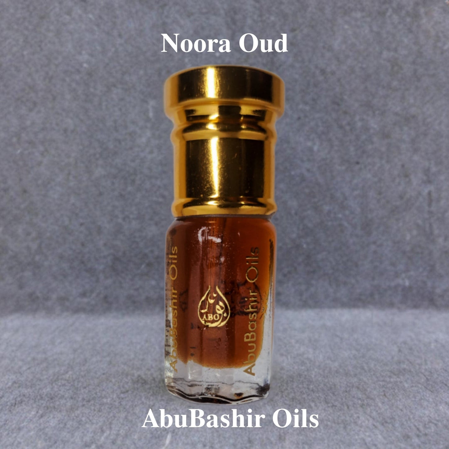 Noora Oud fragrance oil bottle by AbuBashir Oils with amber and citrus notes