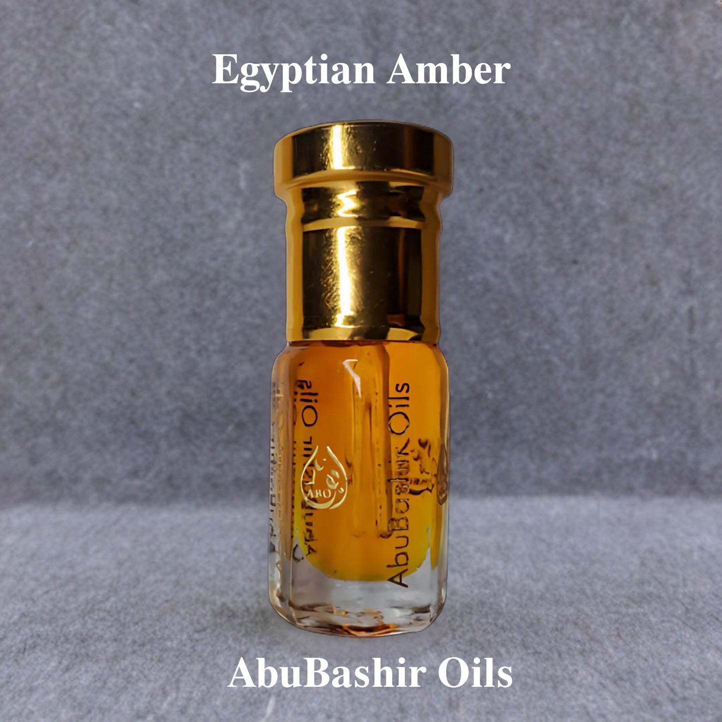 Egyptian Amber fragrance oil by AbuBashir Oils with warm amber and fresh citrus notes in a gold-capped glass bottle