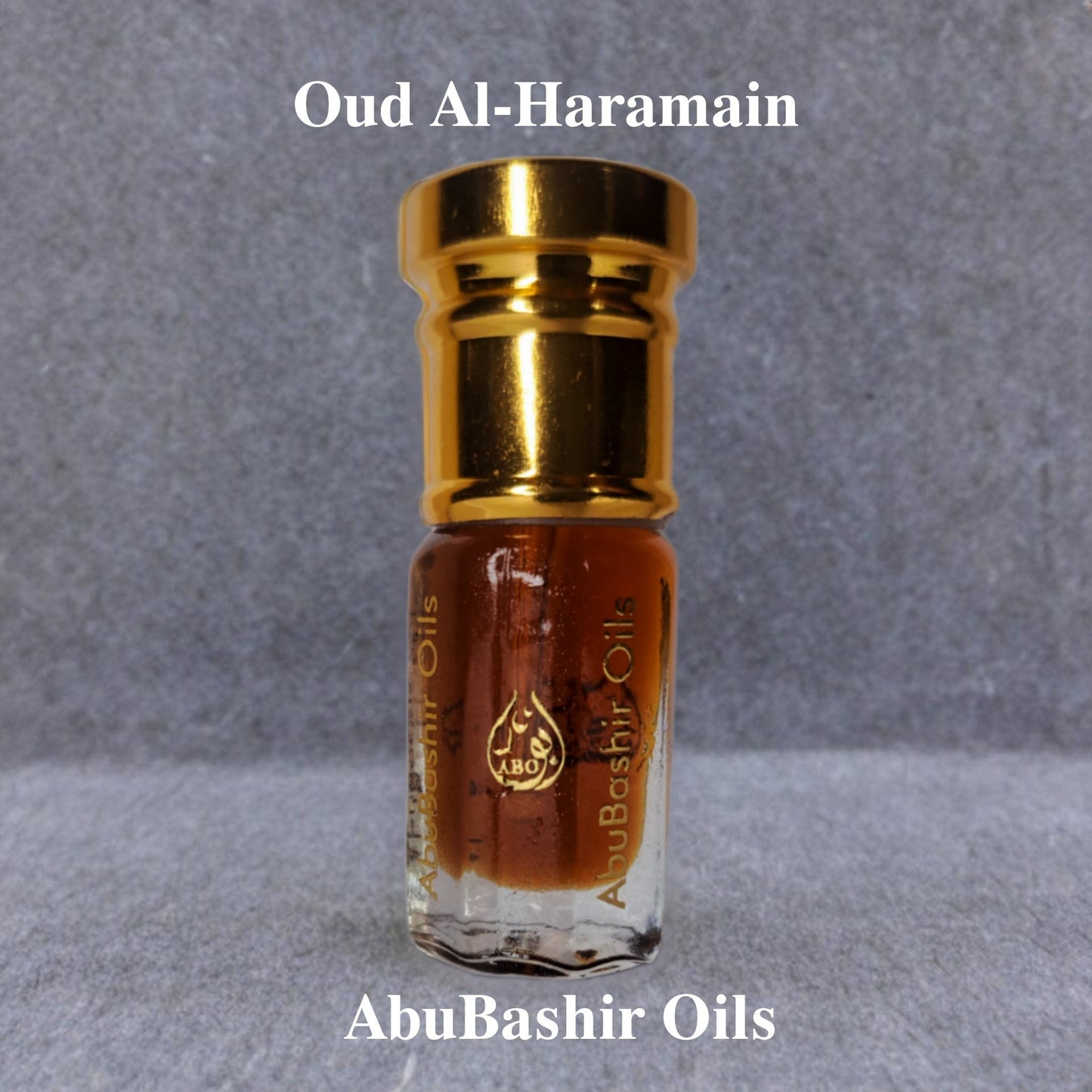 Oud Al-Haramain luxury amber and citrus fragrance by AbuBashir Oils in a small glass bottle with gold cap