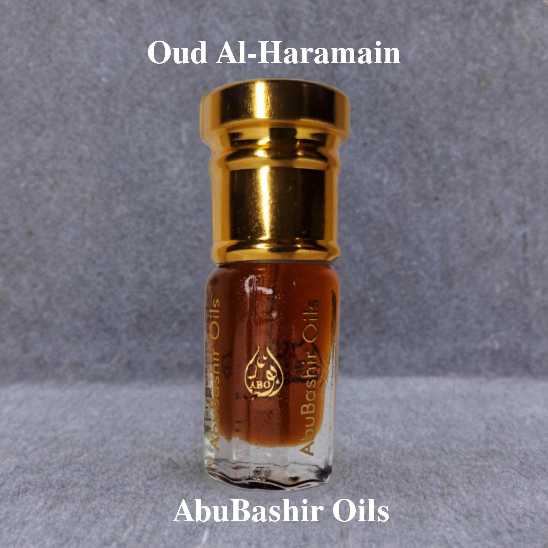 Oud Al-Haramain luxury amber and citrus fragrance by AbuBashir Oils in a small glass bottle with gold cap