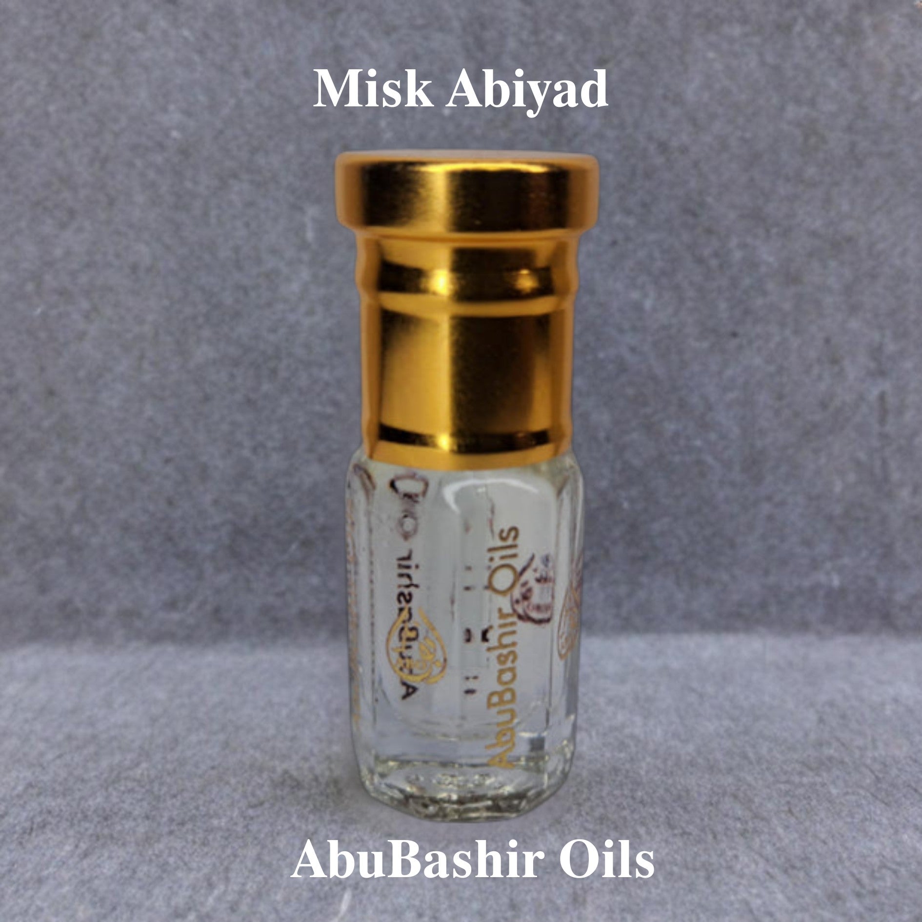 Misk Abiyad luxury fragrance oil bottle by AbuBashir Oils with gold cap and amber-citrus scent blend