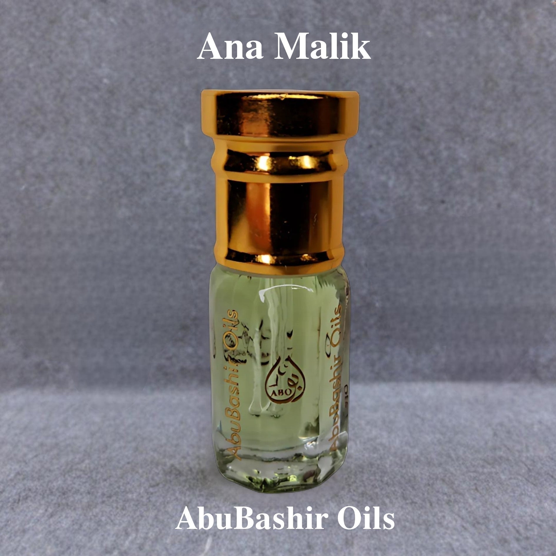 Ana Malik luxury perfume oil by AbuBashir Oils with bergamot, lavender, cedar, and musk notes in a small glass bottle with gold cap